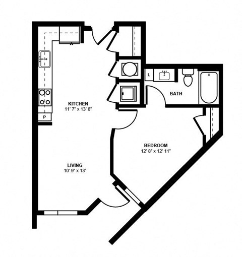 Floor plan for 1 bed, 1 bath, 612 sqft